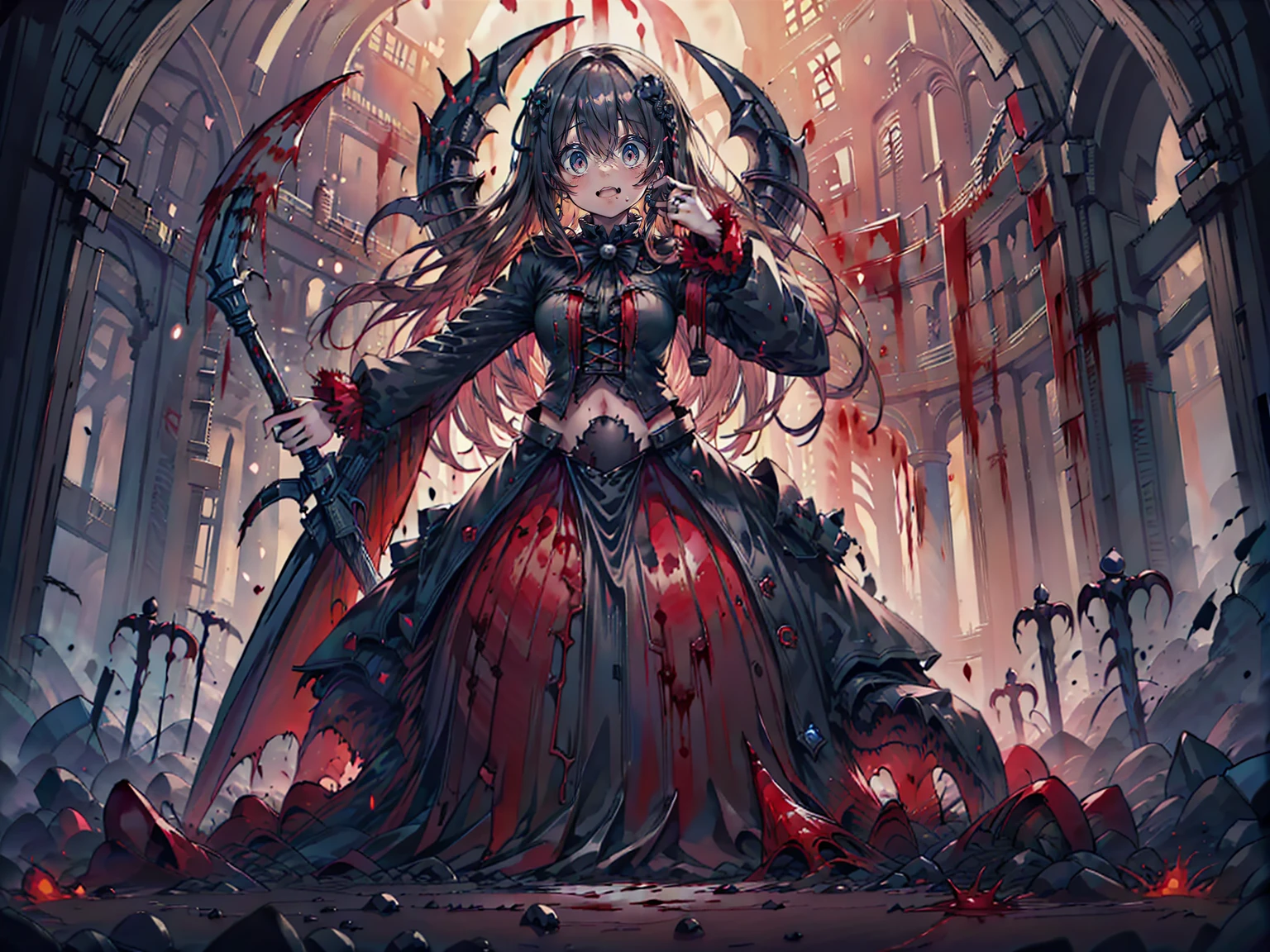 shaded face　、Holding a weapon、Looking at the viewers with a frightening expression、beautiful girl、とてもcute天使、Pink Gothic Fashion、cute、、smile、Long skirt、Black long boots、.(Highest quality,4K,High resolution,masterpiece:1.2),Very detailed,Realistic:1.37,Spooky altar background,Dark fantasy,Red color scheme,Ominous atmosphere,Eye-catching,Storytelling,anatomy,Anime Style,Concept Art,beautiful細部までこだわった顔と (((Red eyes ))),A terrifying ritual ,Satanic Ritual,Premature death,inappropriate behavior,クレイジーなsmile,Scythe Face,Girl Monster, beautiful, Delicate facial features, Sharp Eye, Sharp Fangs, pale skin, Dark Background, Cinema Lighting, Dramatic Shadows, Gothic style, Gloomy atmosphere, Dark fantasy, one person&#39;s, Please open your mouth wide, Open your mouth and baring your teeth,Sharp teeth like a beast, Wide lips, very wide mouth, Vermilion cheeks, ,(Blood splatter:1.4),Scary smile, smile,Angel Design, Twisted smile、Bloody、bleeding from the head,,,,,、Blood splatter、,(Blood splatter:1.4),skull,Demon Spear,Horror Style, ((Fantasy Sweet Ta Frill Pink Costume)), ((Flowing blonde hair)), ,(Blood splatter:1.4),Female curves, Sexy flat stomach, Perfect hands, Perfect anime face, (Pink Tata Dress)), Are standing, ((邪悪なsmile)), ,(Blood splatter:1.4), Steam circulates, Moonlight Illumination, night lighting, (Blood splatter:1.6),アニメAngel Design, Twisted smile、Bloody、bleeding from the head,,,,,、Blood splatter、,(Blood splatter:1.4), skull,Gothic architecture、Western architecture、Fantasy World、,Victorian cities, Skeleton Gas Light,Absurd, High resolution、 ((Tabletop)), ((Highest quality)), (Very detailedな), ((Very detailed)), (beautiful), ((cute)), (NFSW:1.8), alone,(:1.6)、(world&#39;The most terrifying and creepy demon girl:1.5)beautiful face、Whole Body Ezbian、pale, beautiful肌、beautiful金の髪、優しくsmileむ、Dark building ruins、(snow white&#39;Frill dress:1.3)、(The dark ruins are stained with blood:1.3)、Low angle full body shot、(少女は血の海の中にAre standing:1.5)、(The ground is full of blood:1.3)、(The girl lost a lot of blood....:1.3)、(クレイジーなsmile:1.6)、Spirits、(Blood dripping from the mouth:1.3)、
