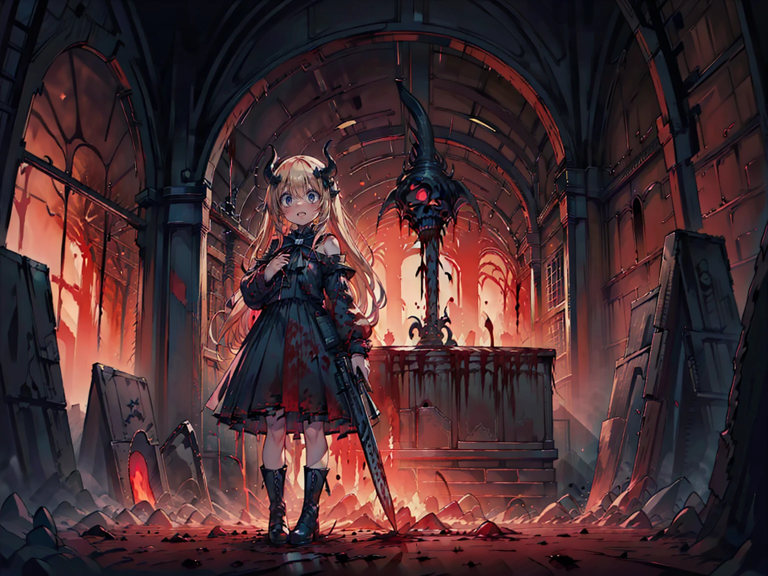 shaded face　、Holding a weapon、Looking at the viewers with a frightening expression、beautiful girl、とてもcute天使、Pink Gothic Fashion、cute、、smile、Long skirt、Black long boots、.(Highest quality,4K,High resolution,masterpiece:1.2),Very detailed,Realistic:1.37,Spooky altar background,Dark fantasy,Red color scheme,Ominous atmosphere,Eye-catching,Storytelling,anatomy,Anime Style,Concept Art,beautiful細部までこだわった顔と (((Red eyes ))),A terrifying ritual ,Satanic Ritual,Premature death,inappropriate behavior,クレイジーなsmile,Scythe Face,Girl Monster, beautiful, Delicate facial features, Sharp Eye, Sharp Fangs, pale skin, Dark Background, Cinema Lighting, Dramatic Shadows, Gothic style, Gloomy atmosphere, Dark fantasy, one person&#39;s, Please open your mouth wide, Open your mouth and baring your teeth,Sharp teeth like a beast, Wide lips, very wide mouth, Vermilion cheeks, ,(Blood splatter:1.4),Scary smile, smile,Angel Design, Twisted smile、Bloody、bleeding from the head,,,,,、Blood splatter、,(Blood splatter:1.4),skull,Demon Spear,Horror Style, ((Fantasy Sweet Ta Frill Pink Costume)), ((Flowing blonde hair)), ,(Blood splatter:1.4),Female curves, Sexy flat stomach, Perfect hands, Perfect anime face, (Pink Tata Dress)), Are standing, ((邪悪なsmile)), ,(Blood splatter:1.4), Steam circulates, Moonlight Illumination, night lighting, (Blood splatter:1.6),アニメAngel Design, Twisted smile、Bloody、bleeding from the head,,,,,、Blood splatter、,(Blood splatter:1.4), skull,Gothic architecture、Western architecture、Fantasy World、,Victorian cities, Skeleton Gas Light,Absurd, High resolution、 ((Tabletop)), ((Highest quality)), (Very detailedな), ((Very detailed)), (beautiful), ((cute)), (NFSW:1.8), alone,(:1.6)、(world&#39;The most terrifying and creepy demon girl:1.5)beautiful face、Whole Body Ezbian、pale, beautiful肌、beautiful金の髪、優しくsmileむ、Dark building ruins、(snow white&#39;Frill dress:1.3)、(The dark ruins are stained with blood:1.3)、Low angle full body shot、(少女は血の海の中にAre standing:1.5)、(The ground is full of blood:1.3)、(The girl lost a lot of blood....:1.3)、(クレイジーなsmile:1.6)、Spirits、(Blood dripping from the mouth:1.3)、
