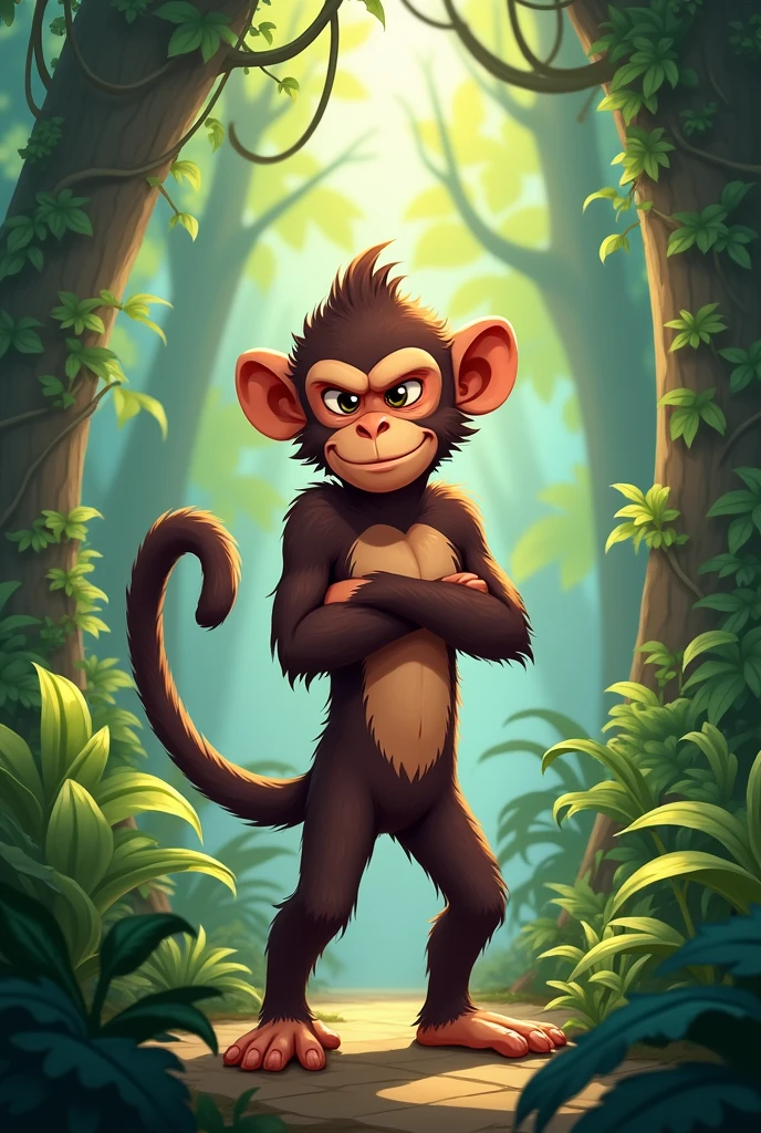 Detailed picture of a male anthro, (youth monkey, chocolate brown, long tai, tall), standing on the middle of the jungle, trending on Art Station, Ross Tran, ruan jia, foxovh, ((determined expression, cheeky, cross his arms, (((dynamic lighting,))), cartoon