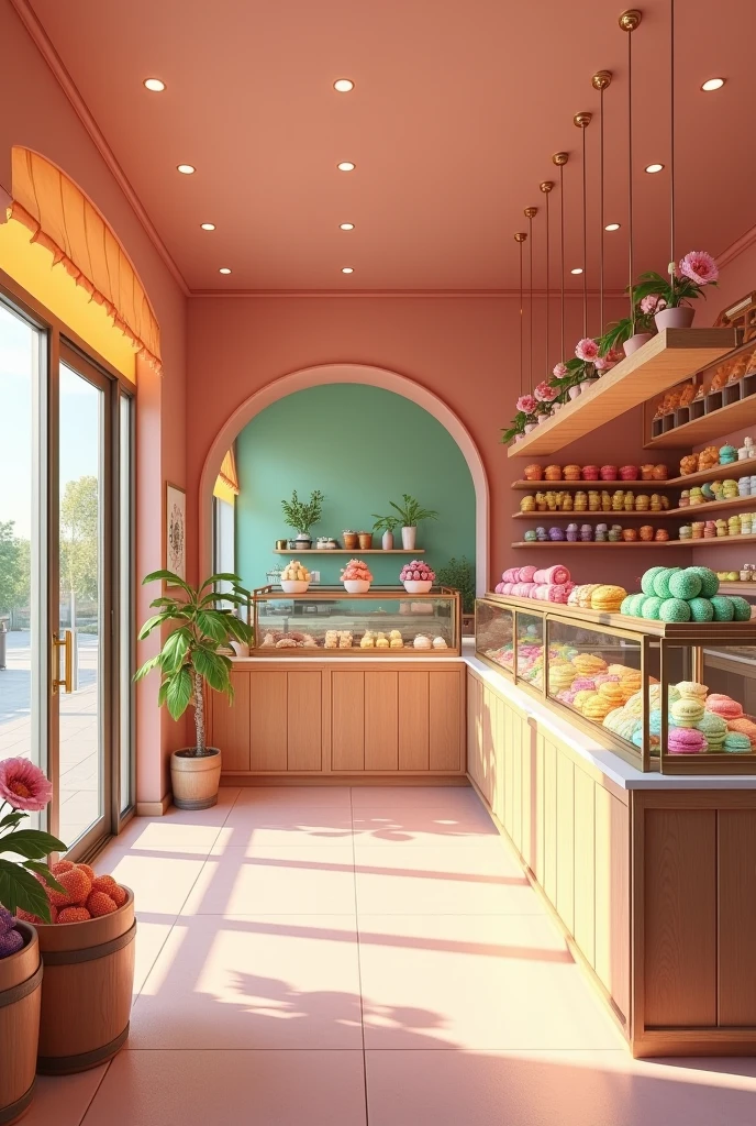 The interior of the cute macaron shop, simple, pink orange green tone, using wood material, glass cake display cabinet, The store must be super big. (Only sell macarons to go)