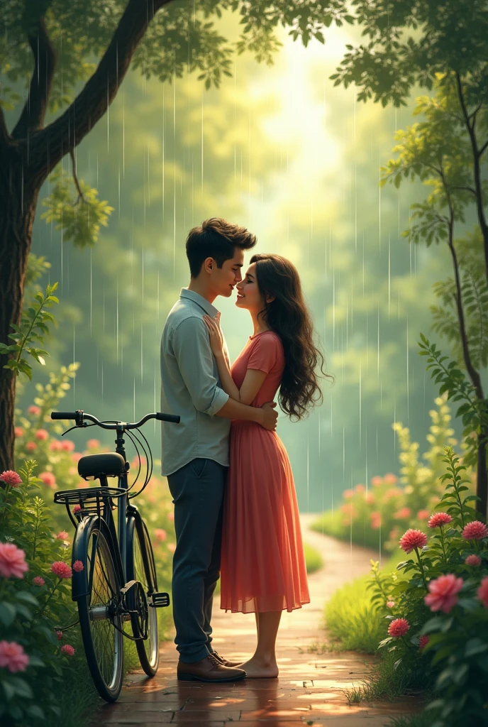 Slowly slowly rain with Ali and waniya couple   with garden with cycle slowly running and romance in prompts