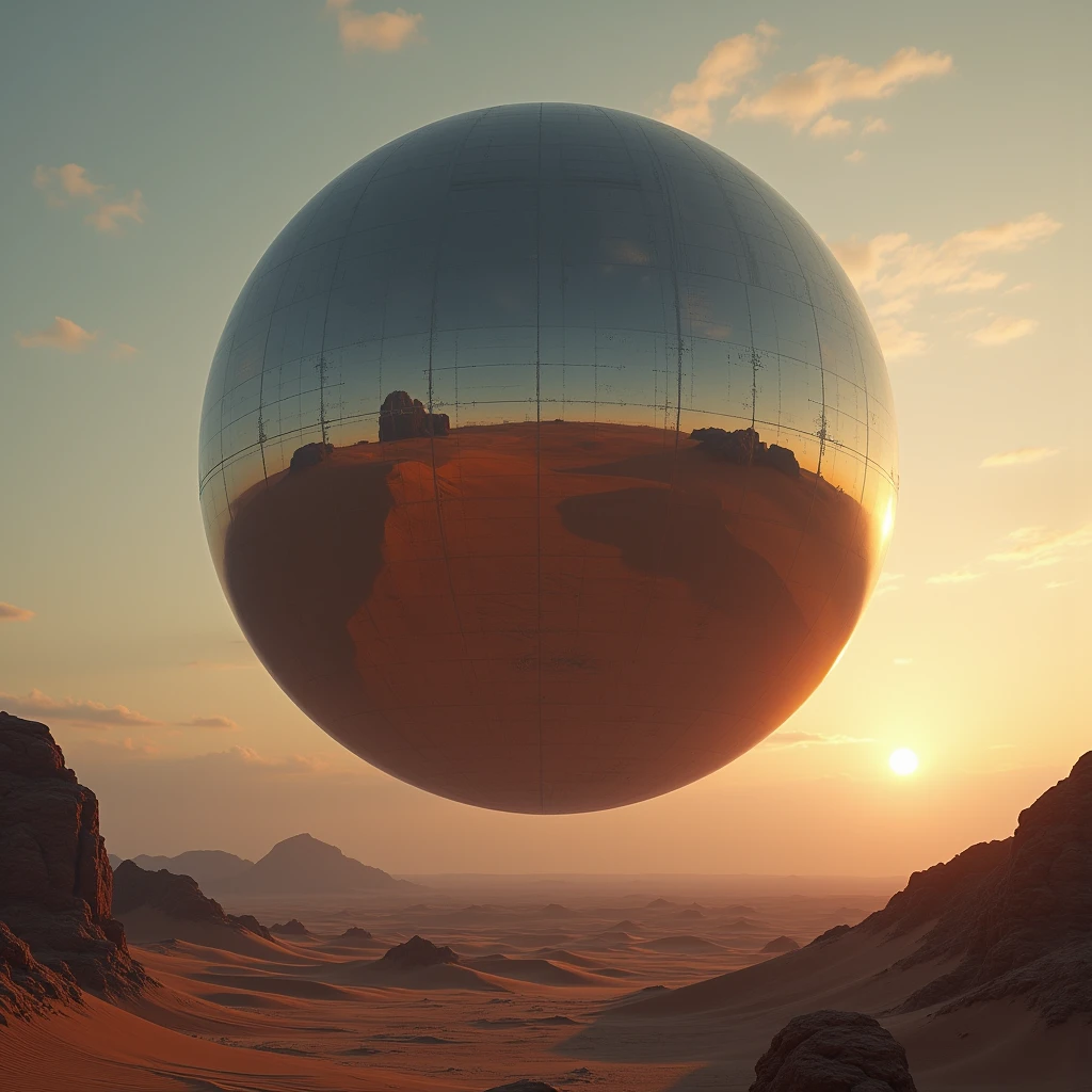 A massive mirrored sphere hovers above the desert floor at twilight, photo realistic