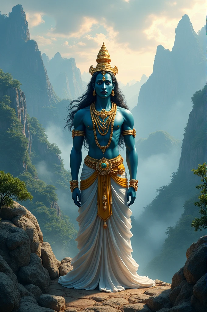 Venkateshwara swamy standing.with dark blue skin colour.with good thick tilak(naamam).and with shiny gold .with foresty mountains backside