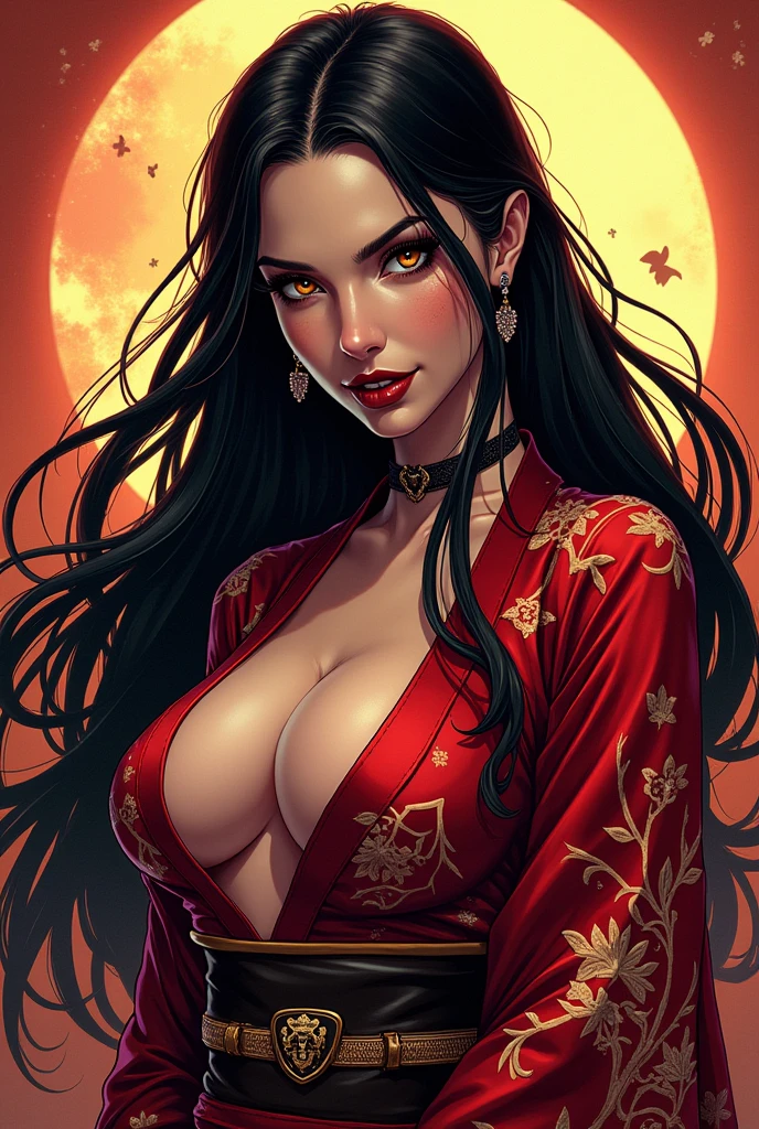 A gorgeous demon female, with long beautiful black hair, Golden Eyes, Use blood magic power, vampire fangs , Flirtatious smile on her face, wearing a kimono that looks like an assassin's outfit , Sexy poses , Comics style