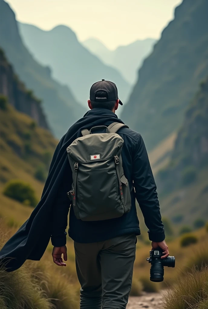 cool photo from behind backpacker with camera wearing cap and black cloth