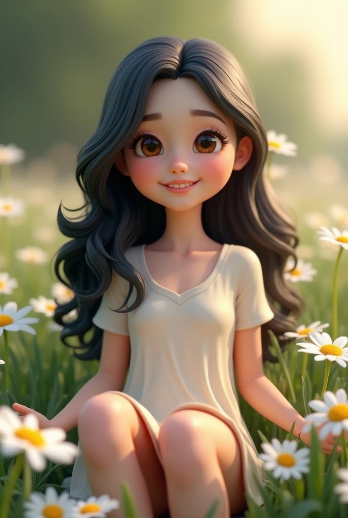 Create a 3D image of a smiling girl with serene eyes and good vibes, long, wavy black hair and fair skin with dark brown eyes and some heals in a natural environment that brings comfort and peace.