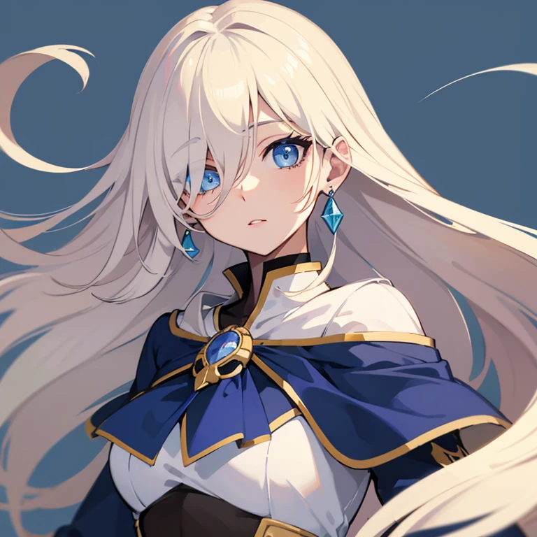 best qualityer, 1 , longye hair, hair over one eye, floating hair, aretes, breastsout, make-up, blue colored eyes, simple background, jewel, anime styling, 