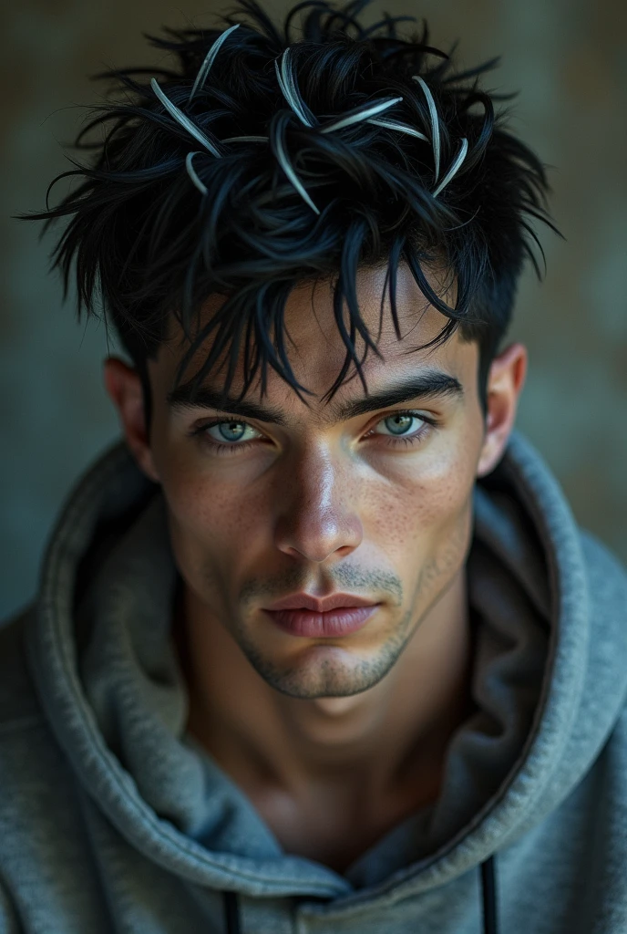 A close up of a tall young muscular man, short wavy yet spiky messy hair, hair color black with a bunch of white streaks, with toned skin, wearing a Grey hoodie, (gothic style:1.2) . mysterious, haunting, dramatic, (minimal, ornate), aesthetic, eerily beautiful, dark surrealism, best quality