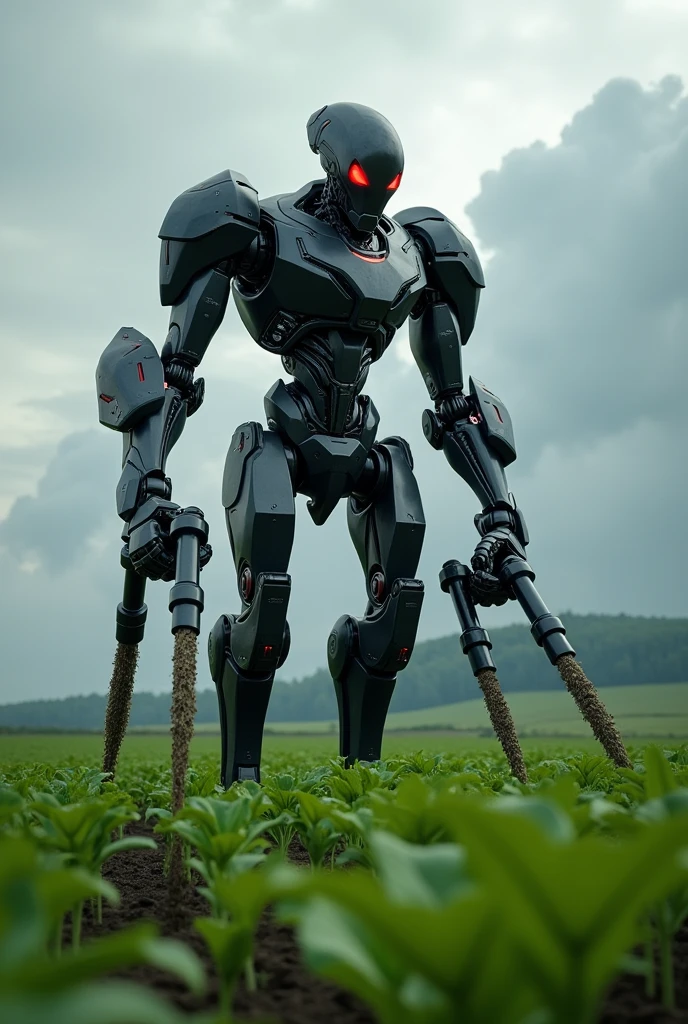 

"Create an image of an advanced, menacing humanoid robot, standing tall and imposing in a field. The robot has a sleek metallic body with sharp, angular features, glowing red eyes, and powerful, articulated limbs. It is planting crops with a mechanical precision, using futuristic tools attached to its arms. The field is lush and green, with the contrast of the robot's dark and dangerous appearance against the serene agricultural setting. The sky is overcast, adding to the ominous mood, with storm clouds gathering in the background."
