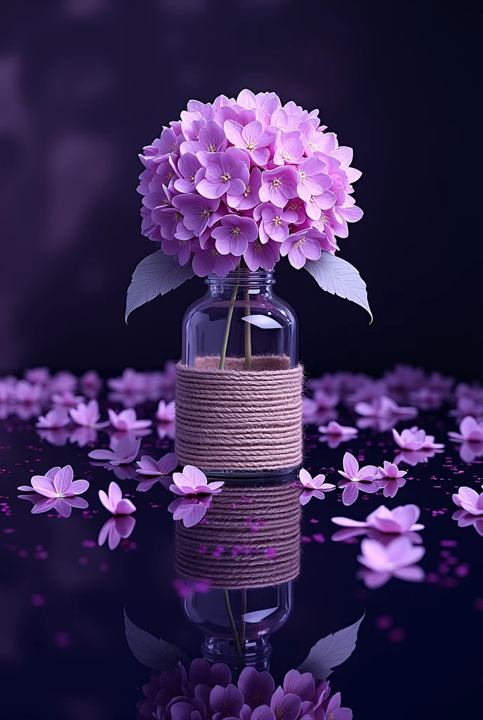 This image is、Shows a stylish glass jar with beautifully decorated purple hydrangea flowers。The bottle is wrapped with hemp string.、It creates a natural atmosphere。The flowers are pale purple、Some flowers are open。There are lots of flowers around the toilet.。The background is a faint purple, mysterious color.。
The bottle is short and square.。