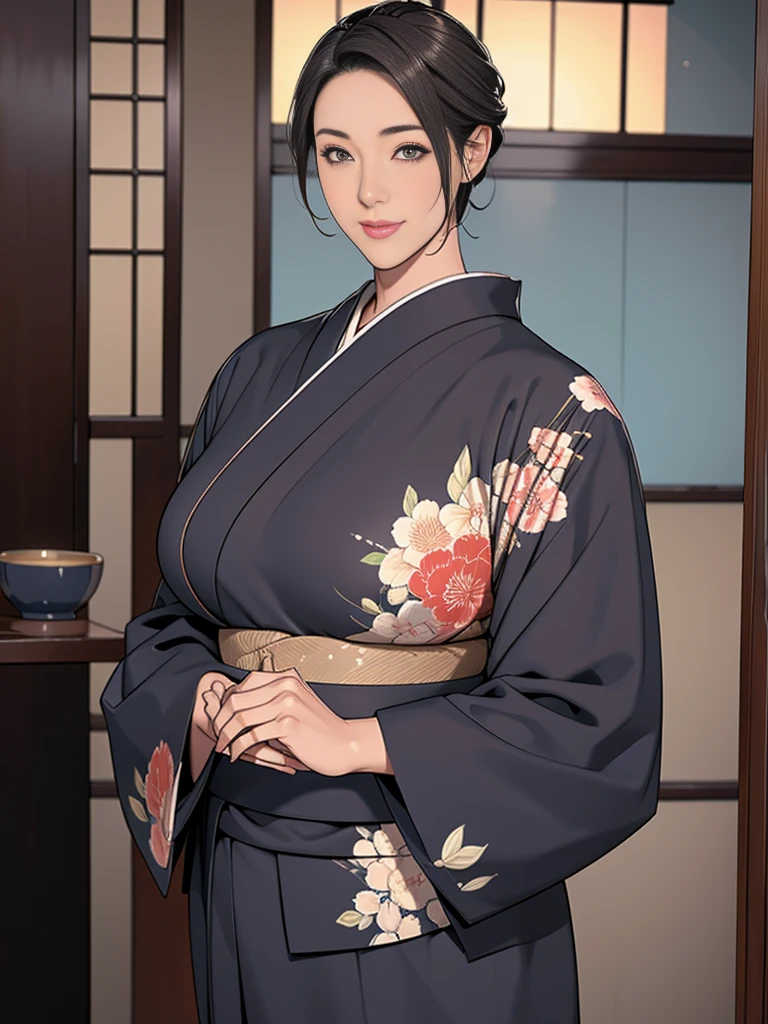 Double,Photorealism,detailed,masterpiece,Mature,Gentle short hair suit men、Big breasts kimono Japanese hairstyle women,Smile,Standing,