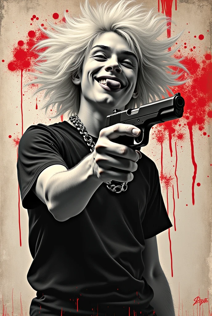 Gun in hand aiming at head of character, black and white, old pop potrait, indie, tounge out showing expression, background covered with red drops of blood, happy , fun, crazy, smile, man, boy, white hair, hair in air, god like , scary, frustrated 