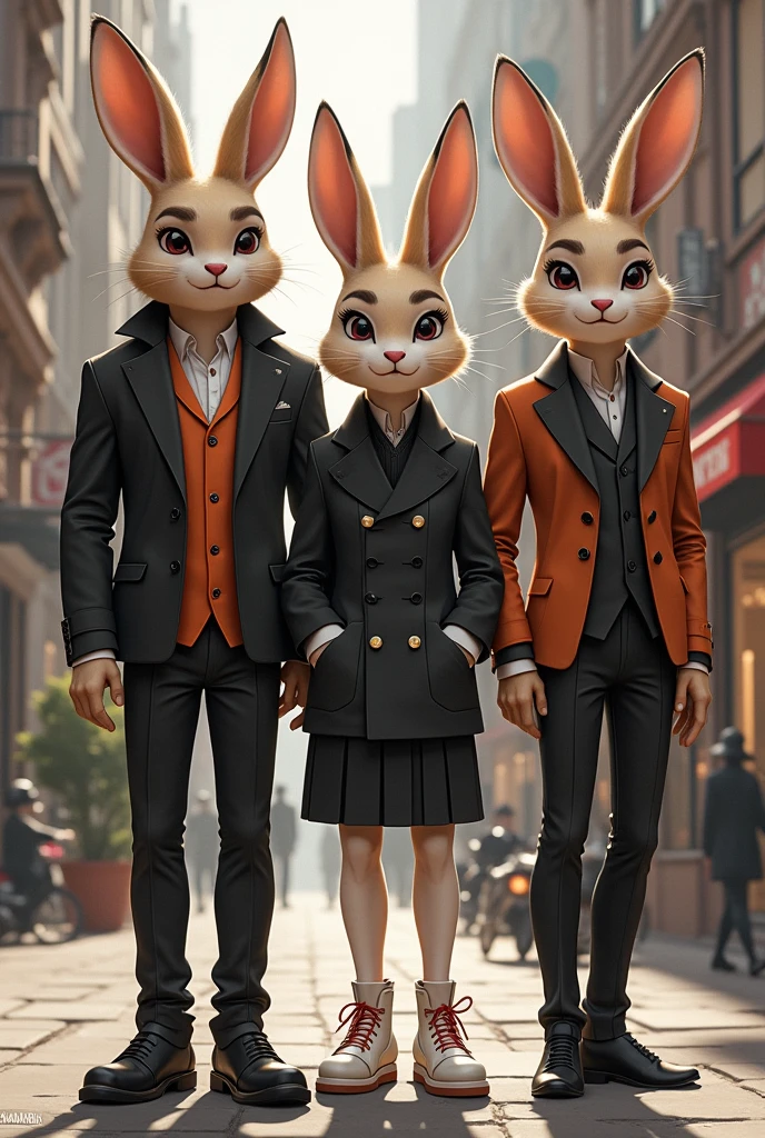 Four fashionable dressed teenage animals 3 males and 1 female bunny