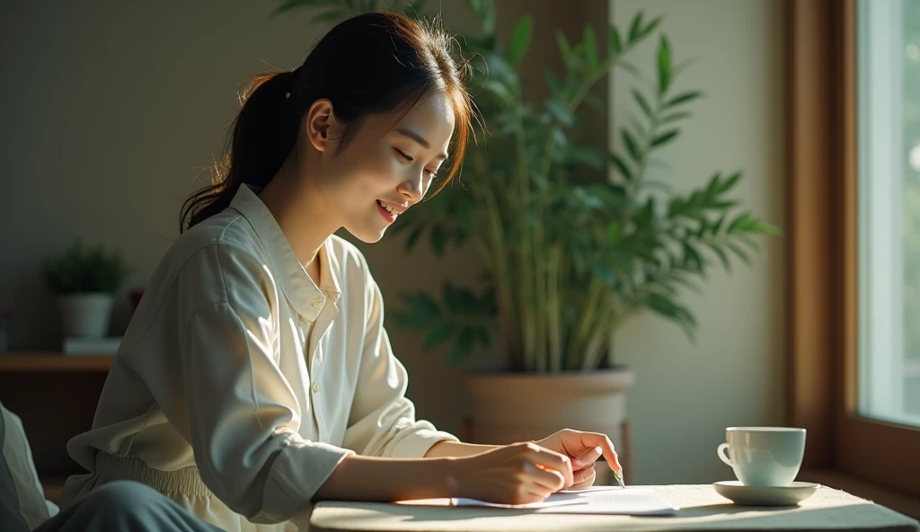 The camera zooms out as the person smiles and continues with their activities., conveying a sense of fulfillment and peace.