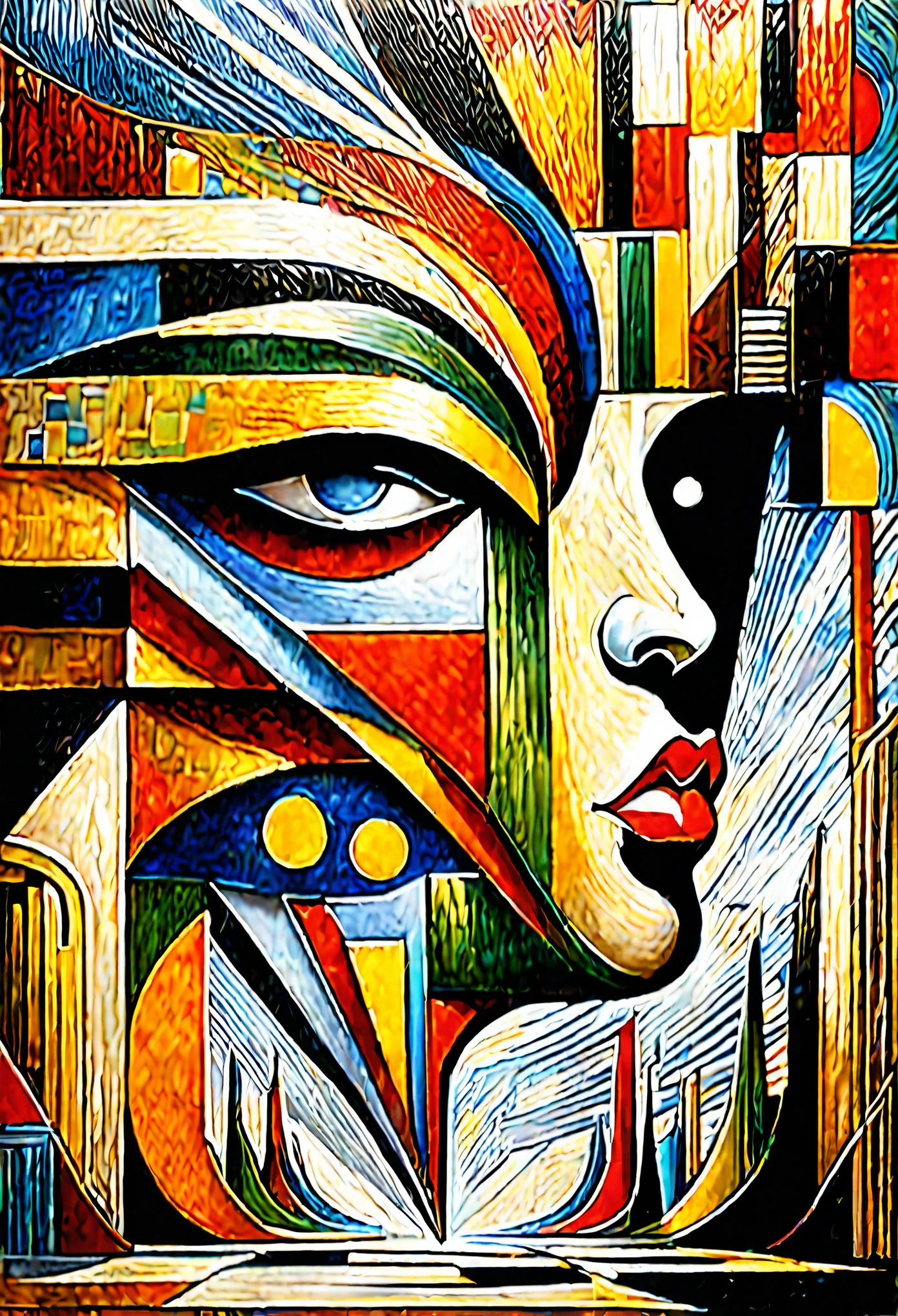 Crear una pintura que combine los estilos del surrealismo, Modernismo, cubismo, y art deco, con influencias del constructivismo y el minimalismo. The painting must be a representation of the artist's interpretation of the world., using a combination of abstract and figurative elements. The painting should be a reflection of the artist's unique perspective, and should convey a sense of mystery, maravilla, e intriga