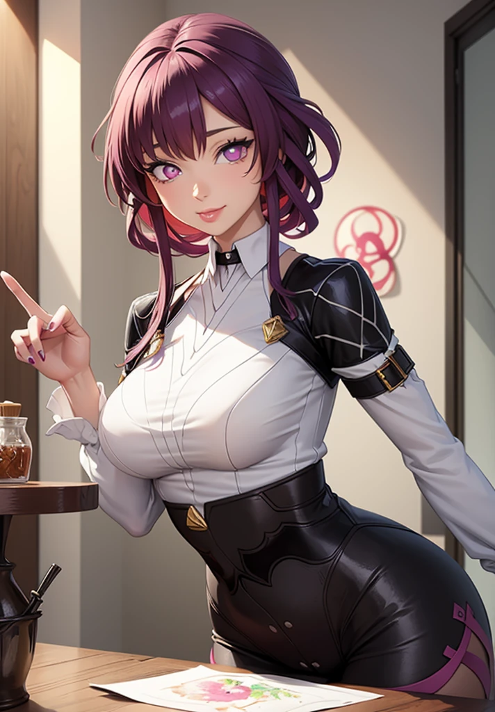 masterpiece, best quality, ultra detailed, watercolor and oil painting fusion, hot black artwork, white line art, beautiful woman, 1 woman, older woman kafka, beauty, perfect anatomy, perfect eyes, perfect fingers, perfect hands, anime girl, sexy uniform, thight, breast, purple hair, seductive smile, room background, with a finger in her mouth, soft, seductive, hot, spicy,