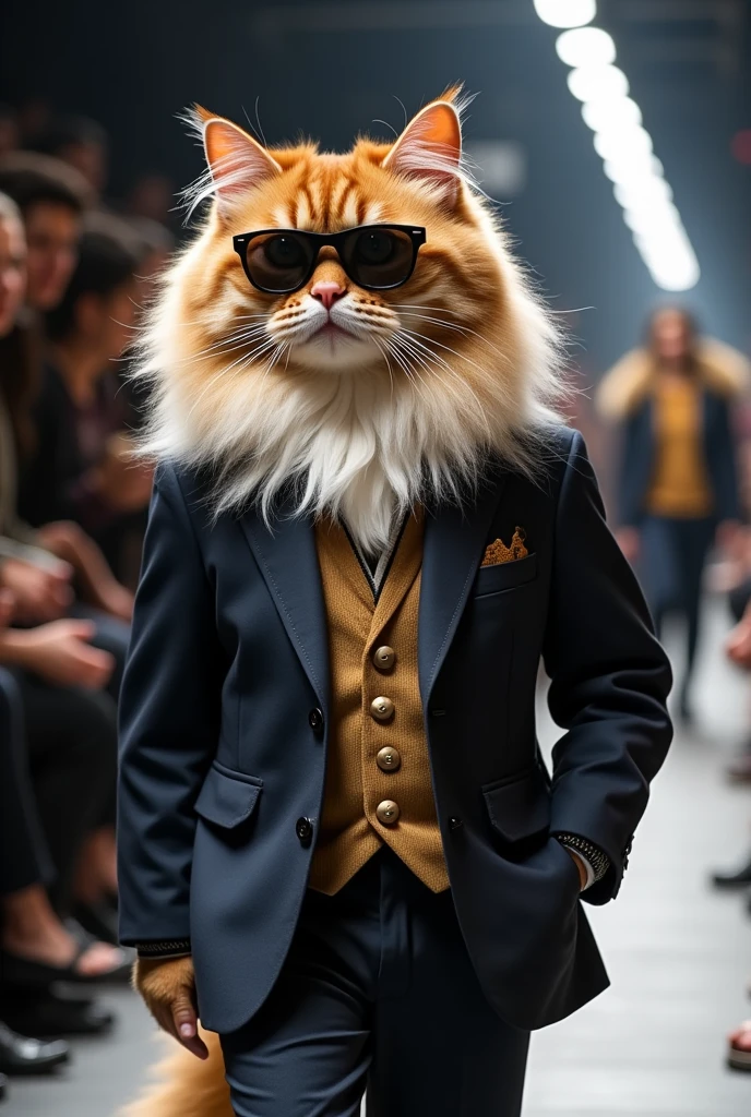 Himalayan cat wearing a youth suit and sunglasses from Adidas, full picture at a real fashion show, as in real life
