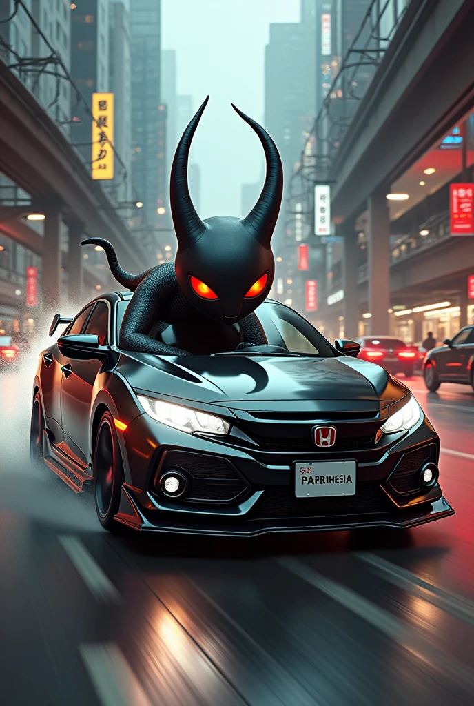 A vegetable xuxu driving very fast in a chaotic city Make it look more like a xuxu inside a black Civic Make the xuxu thin and aggressive Write parrhesia on the license plate Make it look less like et Add the 99 driver logo in the corner of the image