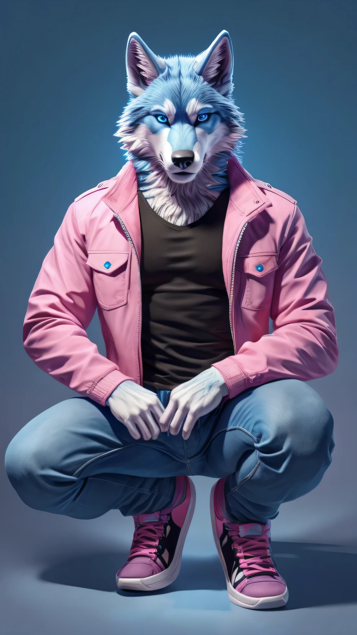 Furry male blue wolf crouching with legs spread, blue jeans and pink shirts, black jacket, pink blue gradient background, blue eyes