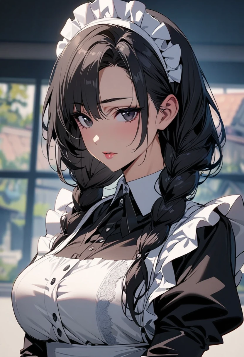 girl, mature, black hair, black eyes, beautiful, beautiful eyes, beautiful color, beautiful background, high detail, low double plait hair, maid, Arrogant