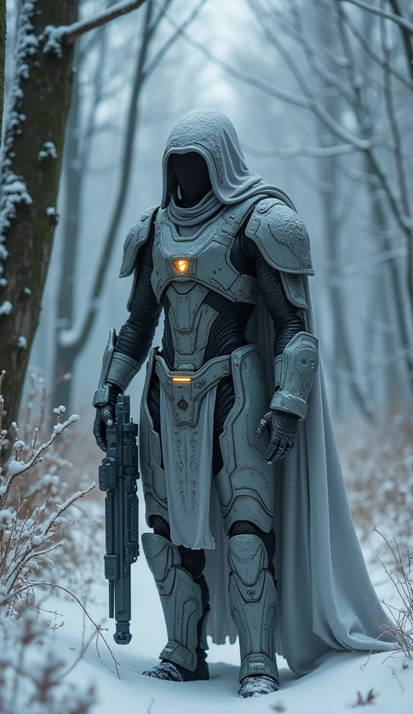 The image depicts an armored warrior standing resolutely amidst a dense winter forest, where the trees are bare, their branches dusted with snow. The sci-fi style of the armor is intricate, featuring glowing accents that contrast starkly with the muted, icy palette of the surroundings. The character’s expression is fierce, a haunting gaze peering from beneath a visor, while they grip a futuristic weapon that appears both menacing and elegant. The composition is dynamic, with the warrior positioned slightly off-center, drawing the viewer's eye into the depth of the forest, where shadows loom and hints of horror linger in the atmosphere. The lighting is dramatic, casting eerie shadows that enhance the cracks style, creating a sense of tension and foreboding, as if the forest itself is alive and watching.