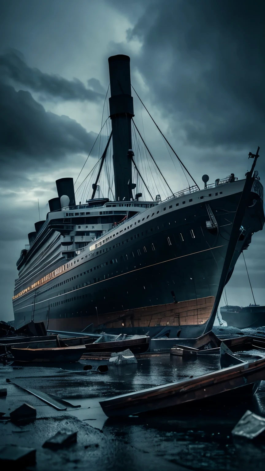 a shipwreck frozen in time, the icy dead bodies of passengers on the titanic, ghostly figures frozen in the wreckage, a haunting and melancholic scene, (best quality,4k,8k,highres,masterpiece:1.2),ultra-detailed,(realistic,photorealistic,photo-realistic:1.37),3D render, cinematic lighting, dramatic lighting, moody lighting, gritty, somber, muted colors, cold blues and grays, photographic, wide angle lens, epic scale, highly detailed, intricate details, haunting atmosphere, melancholic, eerie, unsettling