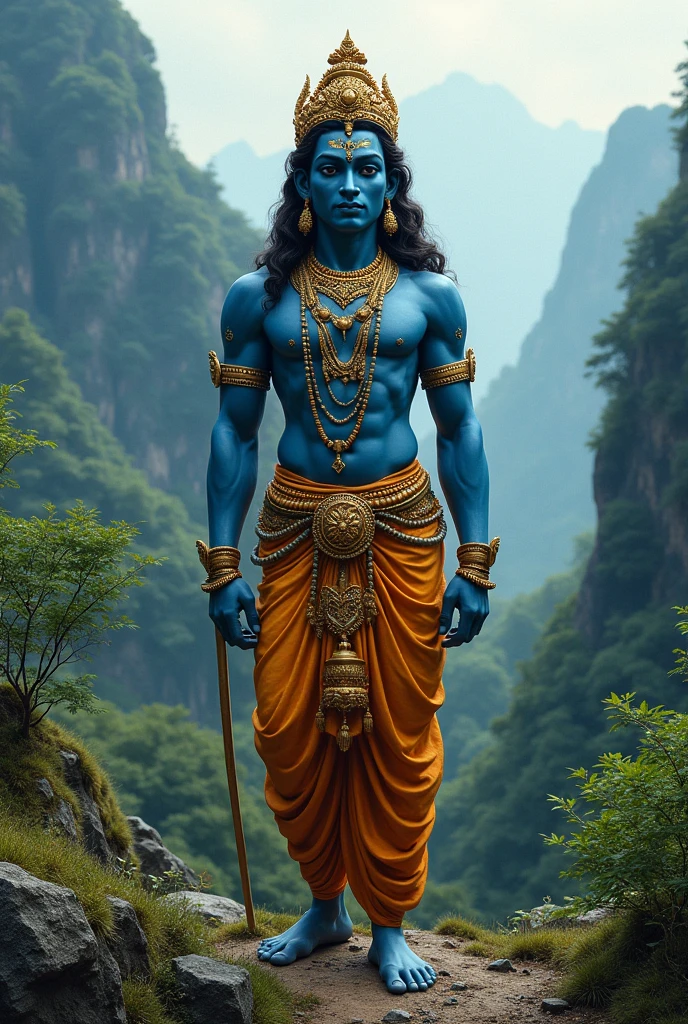 Venkateshwara swamy standing.with dark blue skin colour.with good thick tilak(naamam).and with shiny gold .with foresty mountains backside.govinda naamam