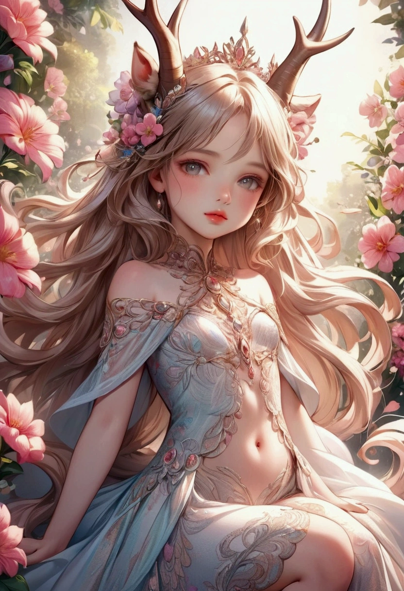 cute young centaur girl with flowing mane and tail, delicate features, adorned in intricate dress, surrounded by flowers, radiating elegance and cuteness, off shoulder, intricate detailed, face, longeyelash, lips, navel, thigh, girl's face close-up