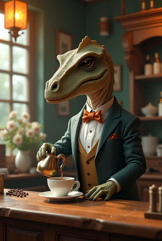 Elderly dinosaur wearing a bow tie and long sleeves、A dinosaur elegantly brewing coffee in a classical cafe、By drip、Calm
、Over the counter