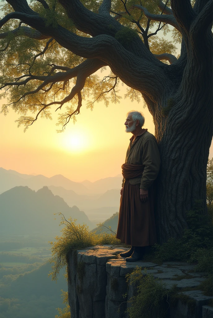 a lonely elderly man with grey hair leaning against an old tree over a cliff in the light of the setting sun