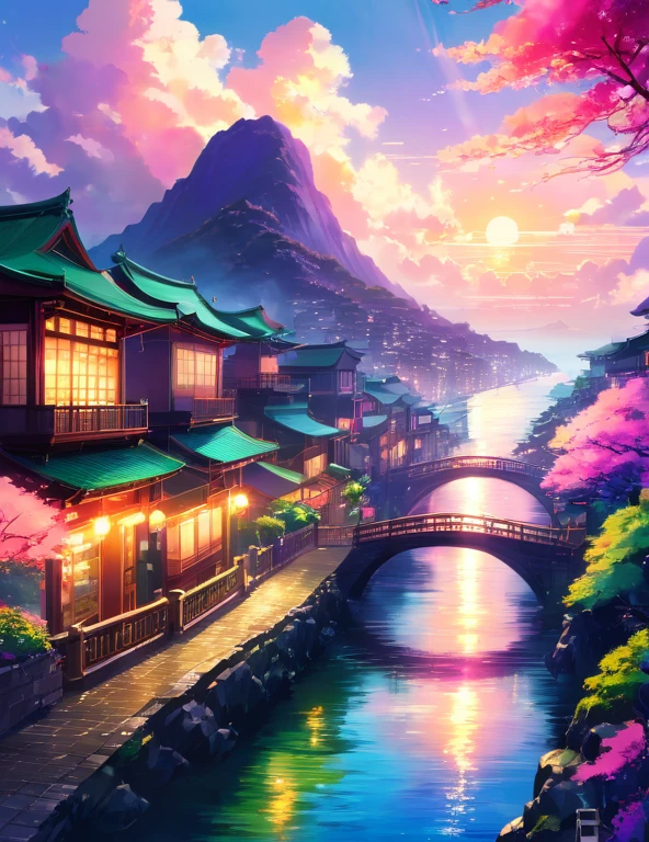 cloud, cloudOcean, Streetscape, City, building, Street lamp, orange, pink, purple, Blue, Gradation, evening, dusk, zero, sun, light, god々Shii, Fantasy, Beauty, Magnificent, Mountain, river, Ocean, bridge, green, nature, Harmony, peace, Healing,,beautiful Anime Scenery, Landscape painting, Beautyデジタル絵画, andreas rocha, Beautyアートワークのイラスト, Wonderful Shii Wallpaper, Raymond Han, 背の高いBeauty絵画, Studio Greebly New Ocean Makoto, Beauty壁紙, Anime Scenery