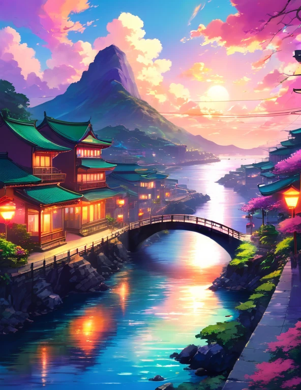 cloud, cloudOcean, Streetscape, City, building, Street lamp, orange, pink, purple, Blue, Gradation, evening, dusk, zero, sun, light, god々Shii, Fantasy, Beauty, Magnificent, Mountain, river, Ocean, bridge, green, nature, Harmony, peace, Healing,,beautiful Anime Scenery, Landscape painting, Beautyデジタル絵画, andreas rocha, Beautyアートワークのイラスト, Wonderful Shii Wallpaper, Raymond Han, 背の高いBeauty絵画, Studio Greebly New Ocean Makoto, Beauty壁紙, Anime Scenery