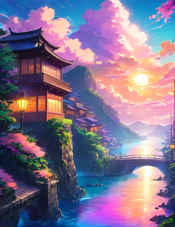 cloud, cloudOcean, Streetscape, City, building, Street lamp, orange, pink, purple, Blue, Gradation, evening, dusk, zero, sun, light, god々Shii, Fantasy, Beauty, Magnificent, Mountain, river, Ocean, bridge, green, nature, Harmony, peace, Healing,,beautiful Anime Scenery, Landscape painting, Beautyデジタル絵画, andreas rocha, Beautyアートワークのイラスト, Wonderful Shii Wallpaper, Raymond Han, 背の高いBeauty絵画, Studio Greebly New Ocean Makoto, Beauty壁紙, Anime Scenery