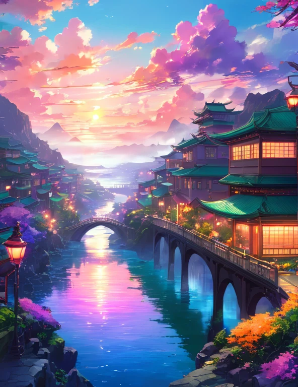 cloud, cloudOcean, Streetscape, City, building, Street lamp, orange, pink, purple, Blue, Gradation, evening, dusk, zero, sun, light, god々Shii, Fantasy, Beauty, Magnificent, Mountain, river, Ocean, bridge, green, nature, Harmony, peace, Healing,,beautiful Anime Scenery, Landscape painting, Beautyデジタル絵画, andreas rocha, Beautyアートワークのイラスト, Wonderful Shii Wallpaper, Raymond Han, 背の高いBeauty絵画, Studio Greebly New Ocean Makoto, Beauty壁紙, Anime Scenery