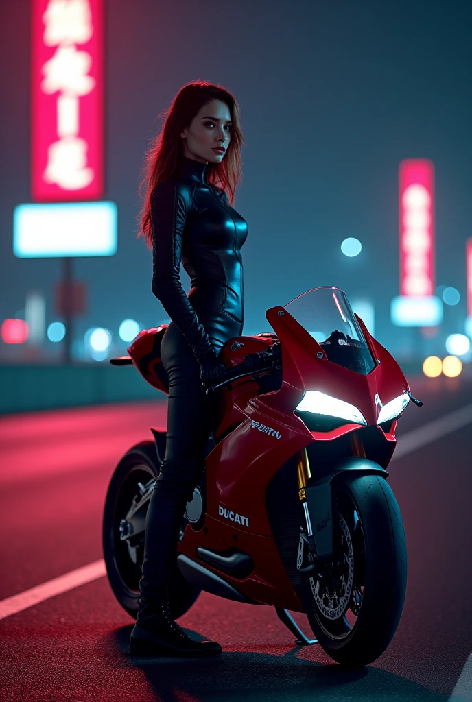Dugati panigili bike setting girl at highway at night with neon light