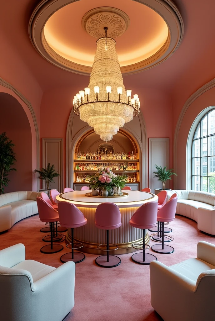 a cozy bar with a distinctive domed ceiling and a circular counter with bar chairs in pink color, and a set of sofa of white color with tables and a long big chandelier