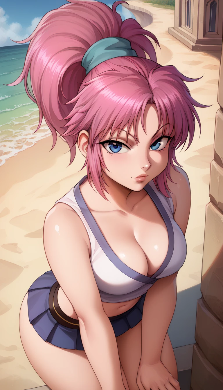 score_9, score_8_up, score_7_up, detailed eyes, beautiful, detailed background, face focus, masterpiece, best quality, looking at viewer, machi01, blue eyes, ponytail, pink hair, purple hair,ponytail, hot mini skirt, hourglass figure, perfect body, from above, arch, bend over, cleavage, ass, on beach, horny face, 