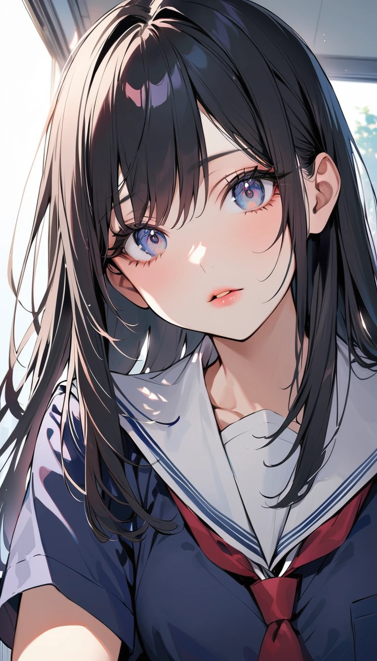 1woman, solo, black long hair, gray eyes, detailed eyes, eyelashes, light lips, 25years old, wear school uniform, Inside the school building