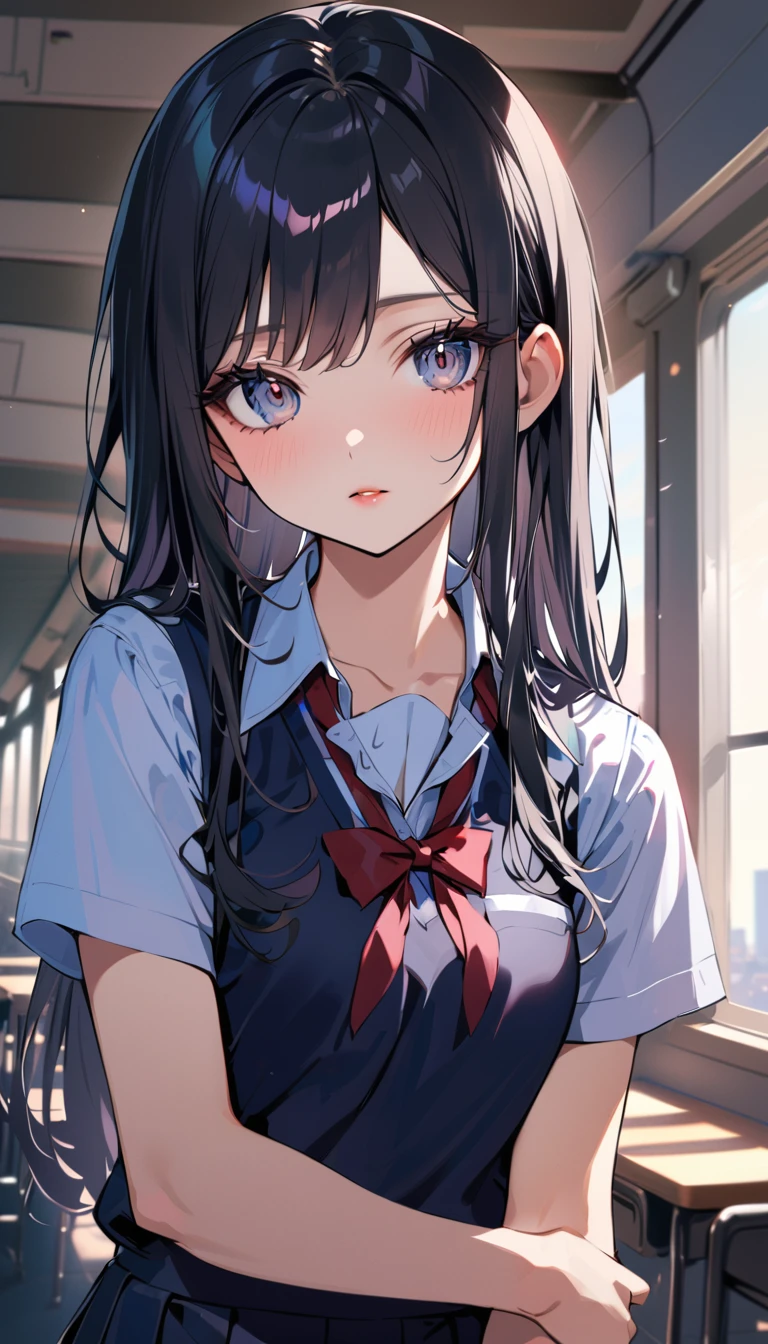 1woman, solo, black long hair, gray eyes, detailed eyes, eyelashes, light lips, 25years old, wear school uniform, Inside the school building