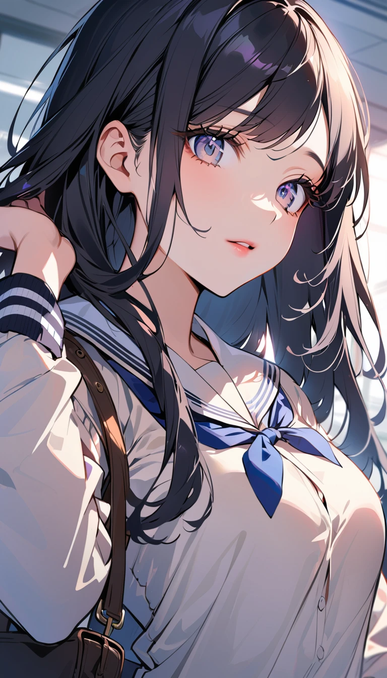 1woman, solo, black long hair, gray eyes, detailed eyes, eyelashes, light lips, 25years old, wear school uniform, Inside the school building