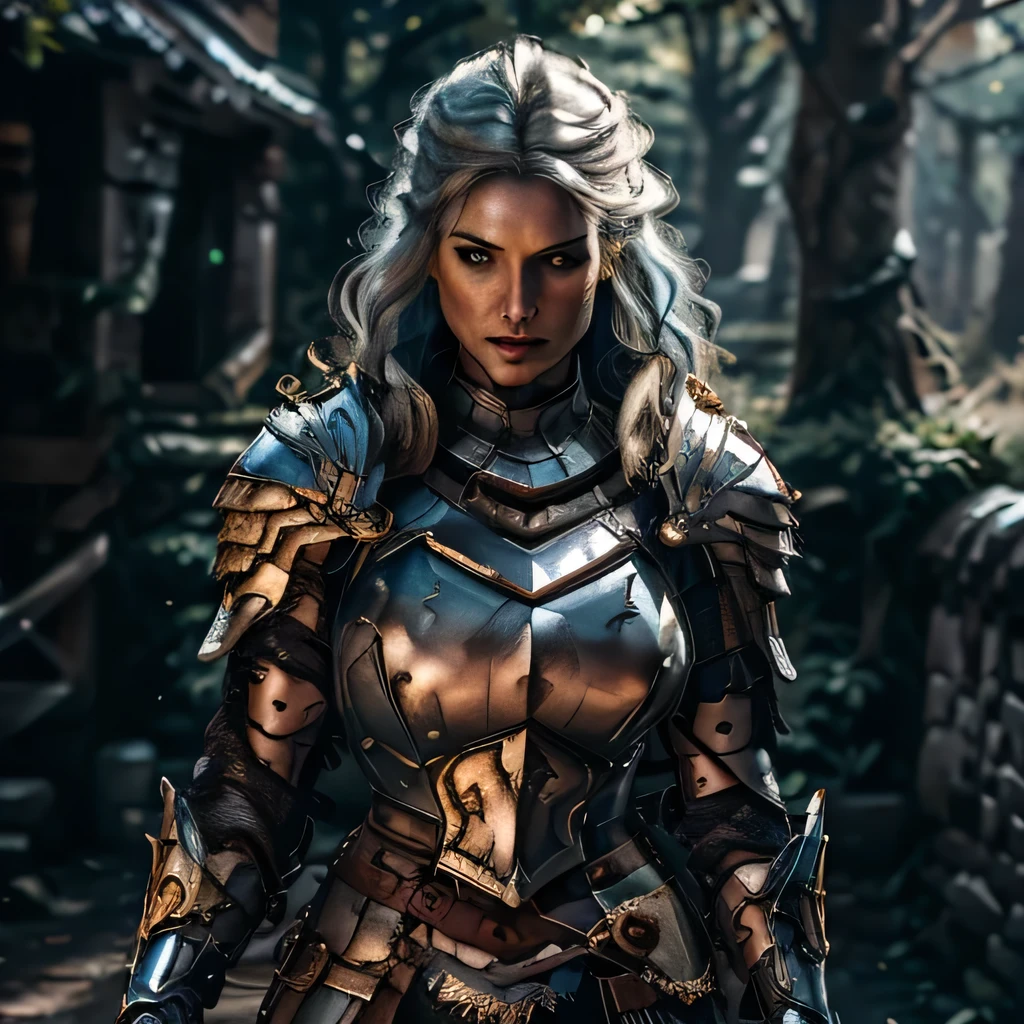 8K,asgard female warrior with very big breasts,Super beautiful(like the real thing),black very large chest armor,realistic skin,luxury black pants,Has a large, long black spear,sexy,muscular slim body,ripped abs,black shoulder armor,black waist armor,black leg armor,desert, rich colors, Backlight, cinematic lighting, film grain, RAW, 50mm lens,nikon　D850,ultra high resolution,Super realistic,goddess,battle scene,action scene,action pose,shine a light on the face, long wavy blue hair, the Witcher, the Witcher armor, yennefer, running in the forest