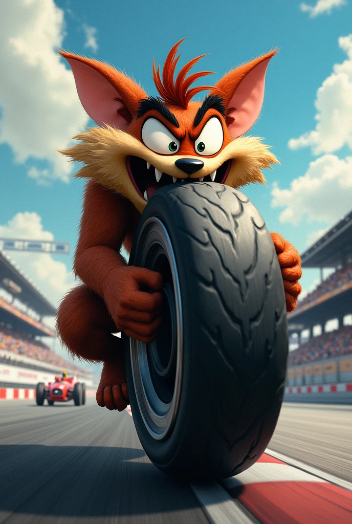 Taz character with a motorcycle tire in his mouth with a racetrack in the background