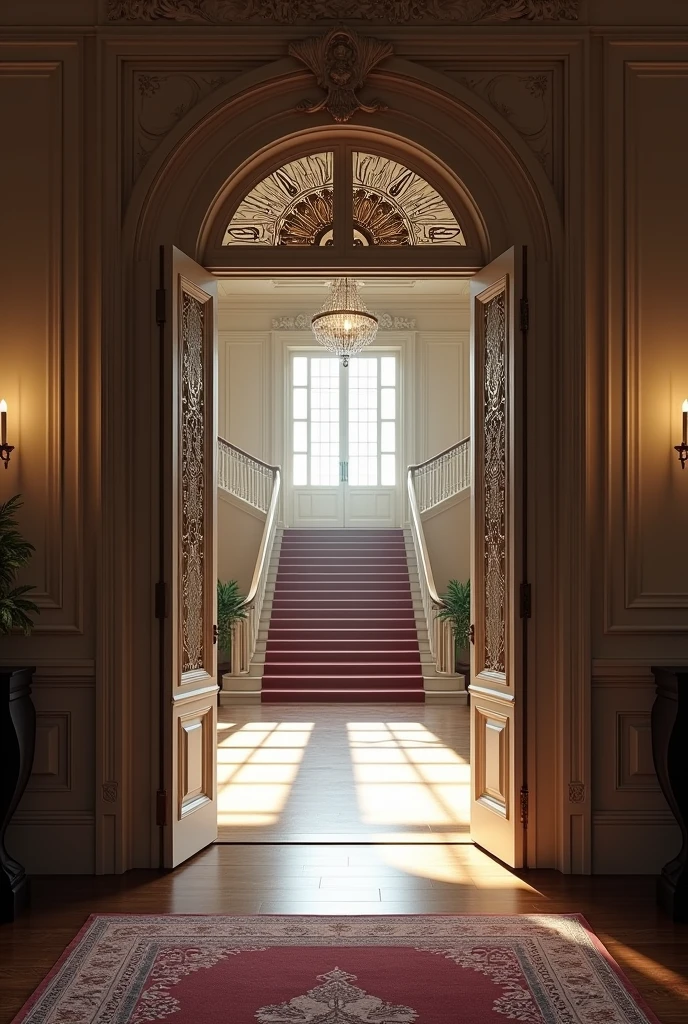 A Colonial Mansion with Imposing Main Entrance - Double Door with Striking Design.
- Entrance hall with double height ceiling and central staircase.