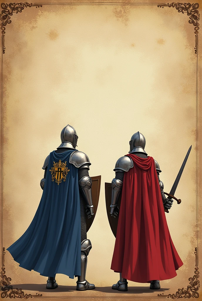 The knights in blue and red looking forward to the invitation
### **Invitation Description:**
- **Invitation Background:**
- The background is textured, reminiscent of ancient parchment or aged paper. The predominant color is a warm shade of beige or light brown., conveying a historical and traditional feel. There are subtle aging spots on the edges, accentuating the rustic and timeless character of the invitation.
- **Main Elements:**
- In the central part of the invitation, dva