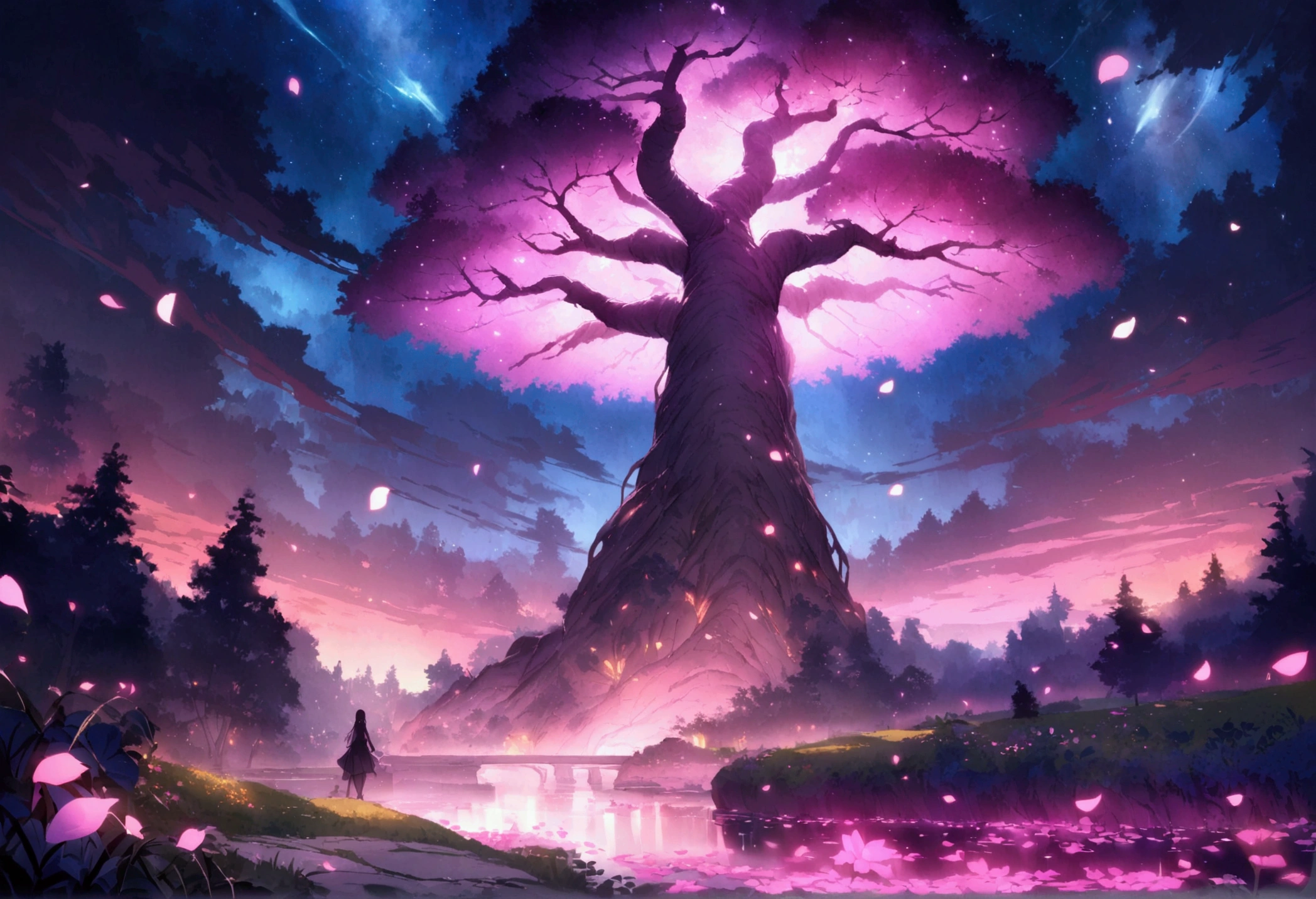magical night sky, ethereal forest, glowing stream, soft lighting, beautiful scenery, masterpiece, high quality, stunning graphics, extremely detailed, grand landscape, garden, flowers, clouds, night starry sky, river in the background, giant ancient trees in the back, glowing pink petals falling in the background