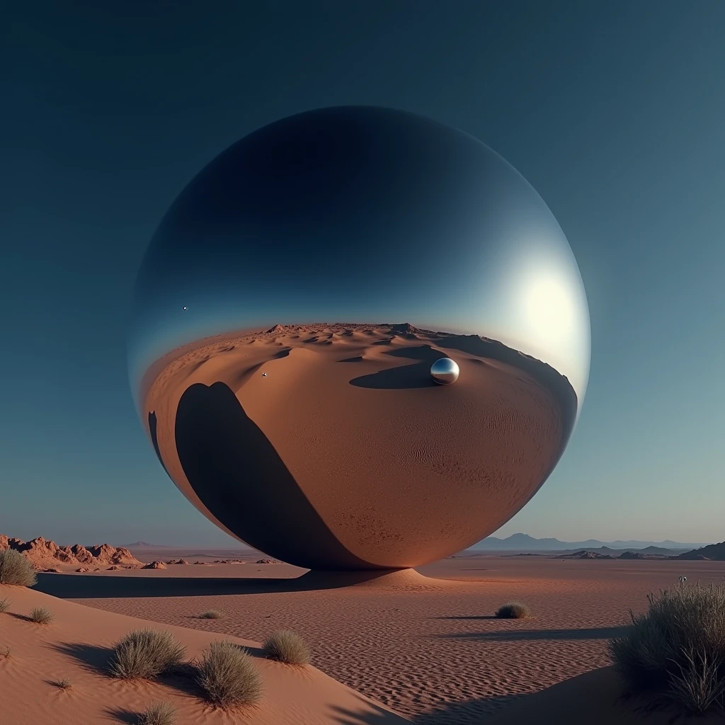 A massive mirrored sphere hovers above the desert floor at night, photo realistic