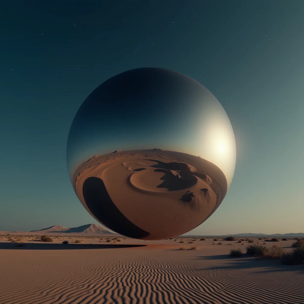 A massive mirrored sphere hovers above the desert floor at night, photo realistic