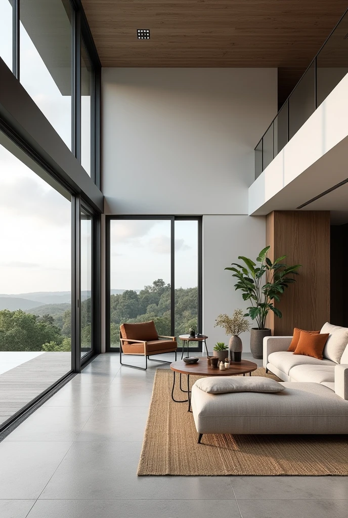 Interior desing , modern and minimalist living room in a 200 m2 residence , in the northeast of Brazil , gray porcelain floor , glass frame , ultra realisitic , 4K , High-resolution rendering