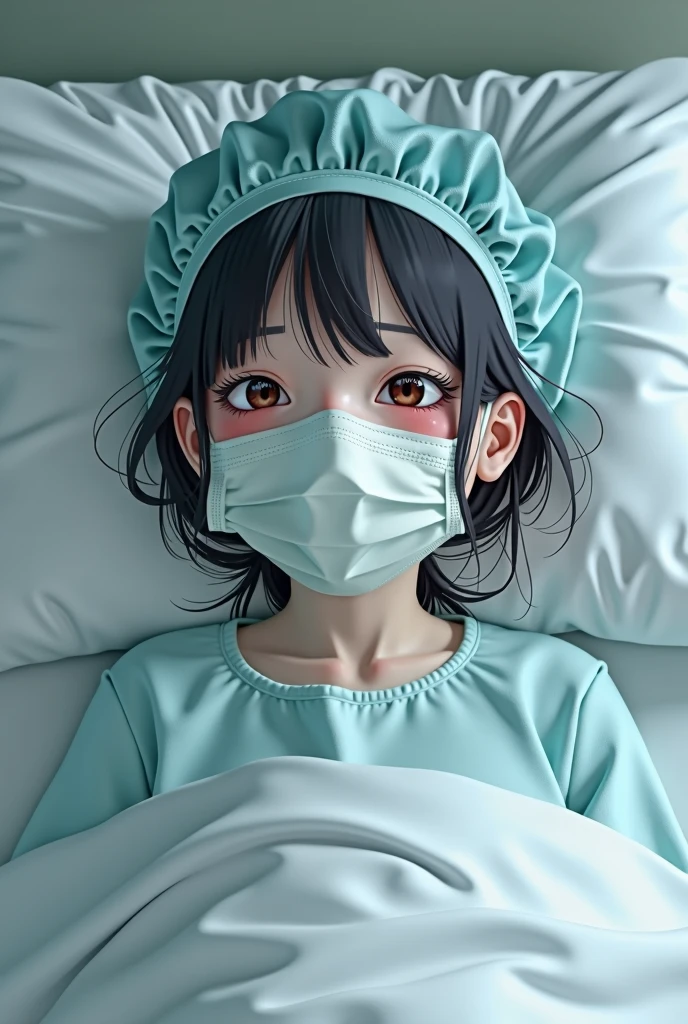 Photorealism of cute japanese girl wearing surgical mask, surgical cap and patient gown on bed, sneezing