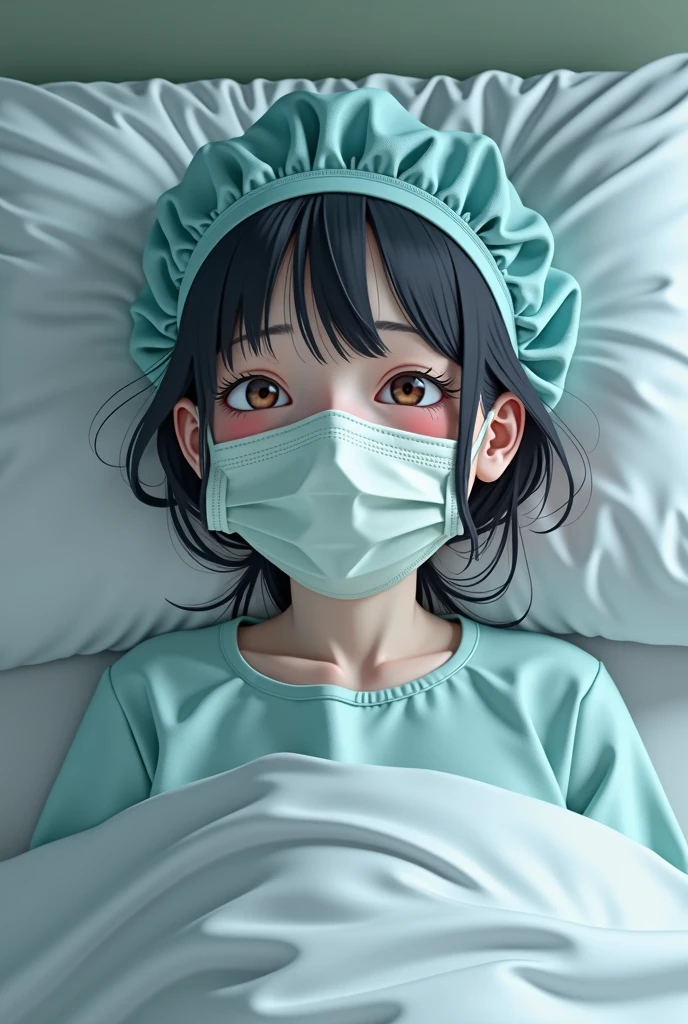 Photorealism of cute japanese girl wearing surgical mask, surgical cap and patient gown on bed, sneezing